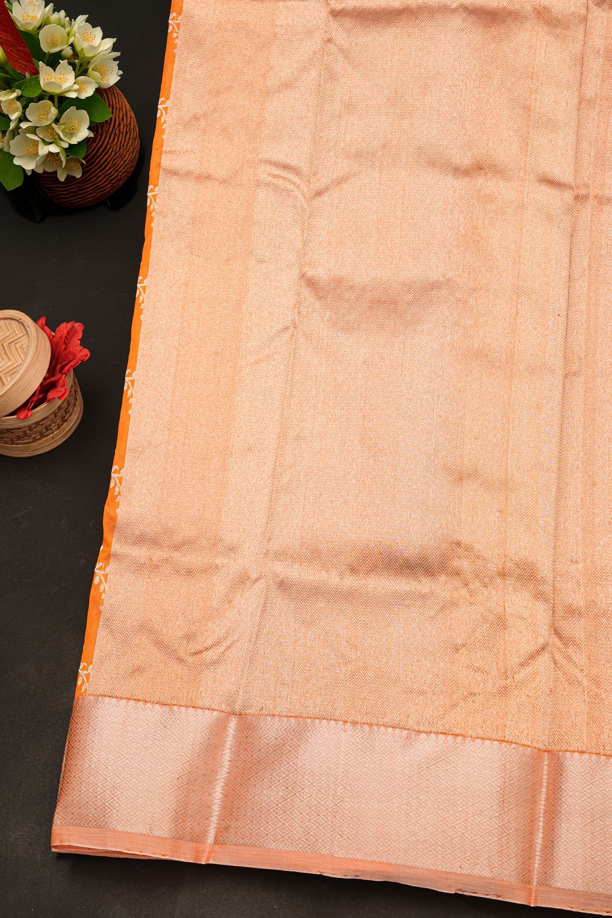 Chanderi Silk Orange Saree With Floral And Leaf Jaal Body