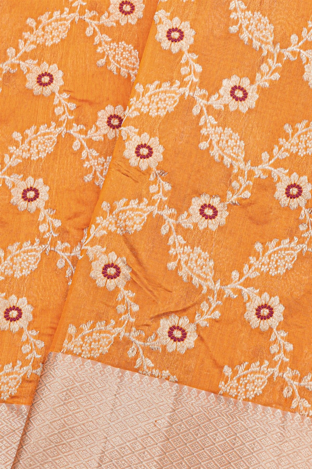 Chanderi Silk Orange Saree With Floral And Leaf Jaal Body
