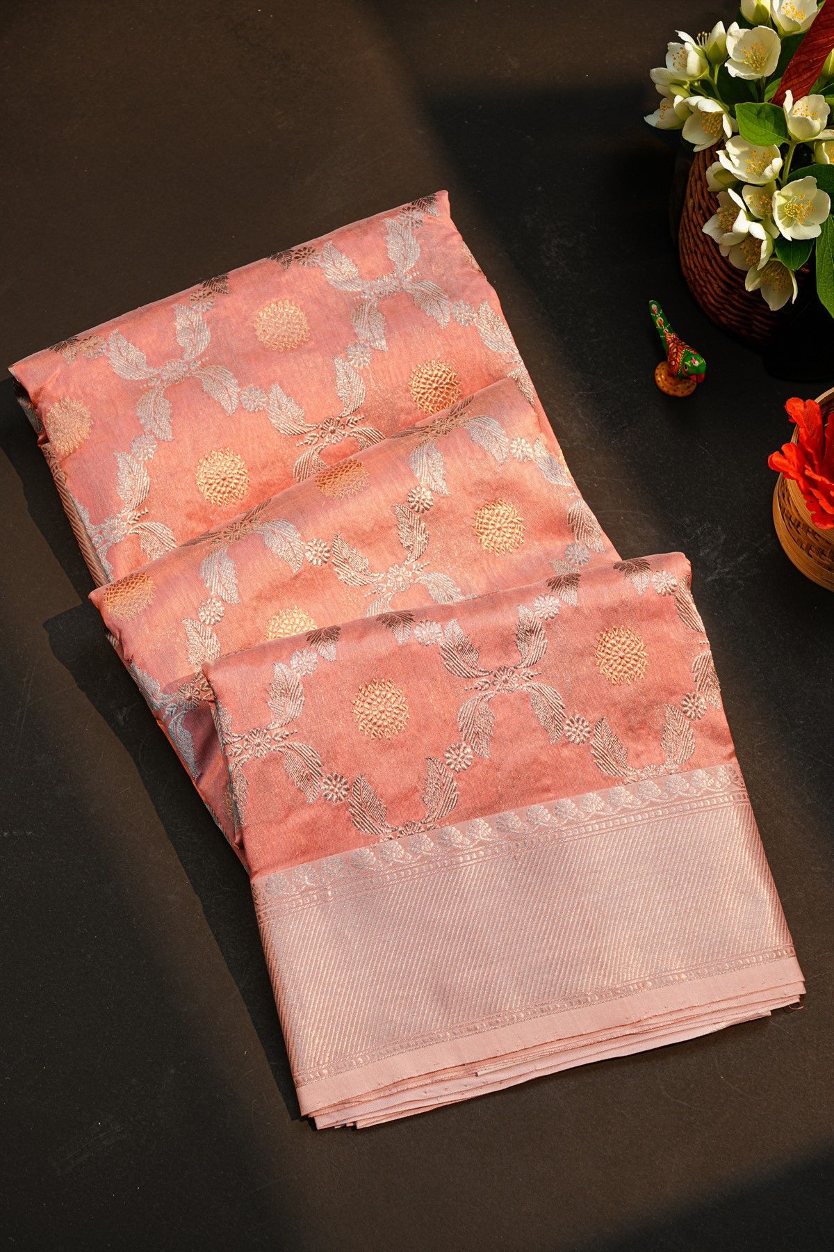 Chanderi Silk Baby Pink Saree With Cross-Line In Zari Border