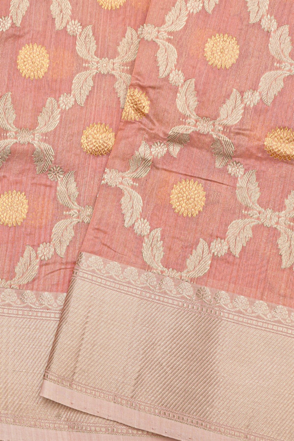 Chanderi Silk Baby Pink Saree With Cross-Line In Zari Border