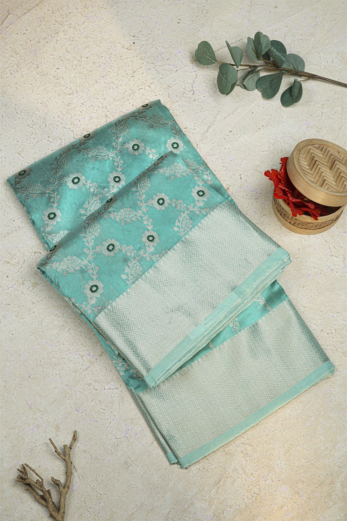 Chanderi Silk Light Blue Saree With Meenakari Buttis
