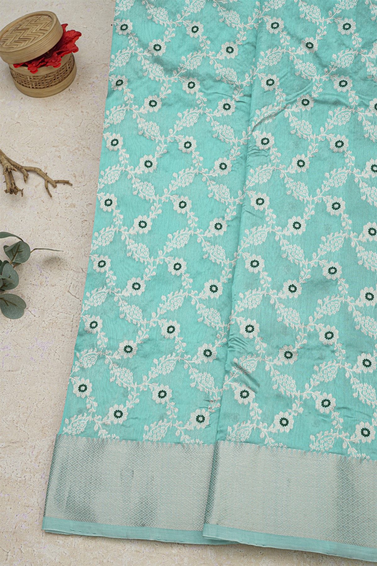 Chanderi Silk Light Blue Saree With Meenakari Buttis