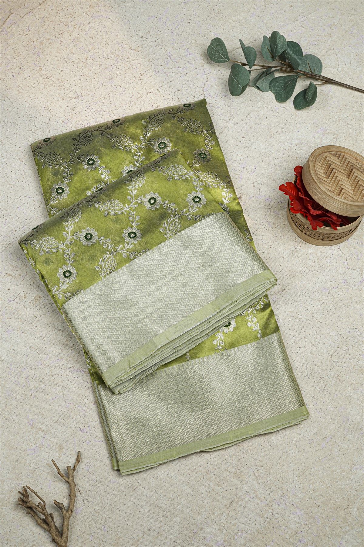 Chanderi Silk Green Saree With Diamonds Border