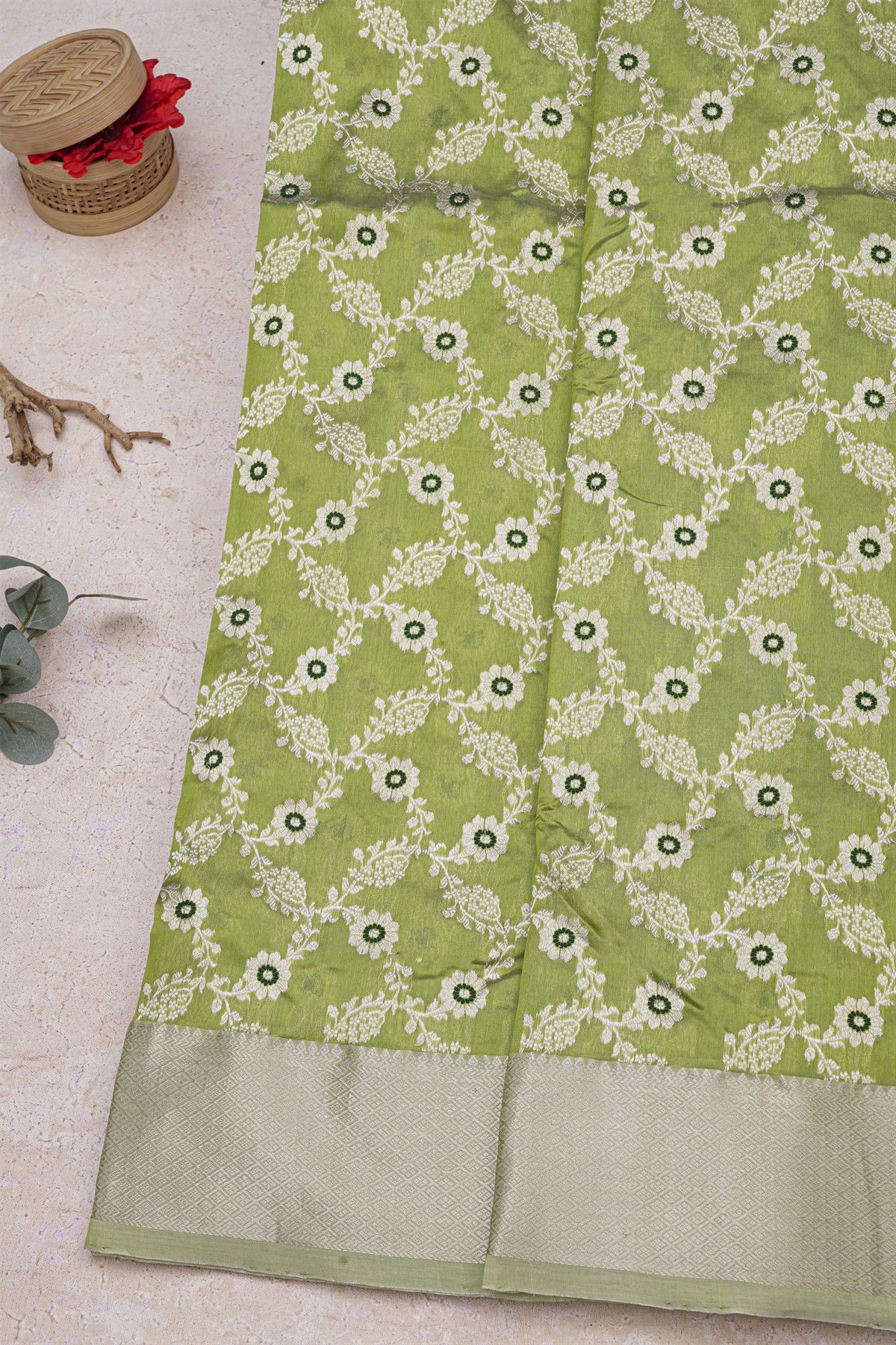 Chanderi Silk Green Saree With Diamonds Border