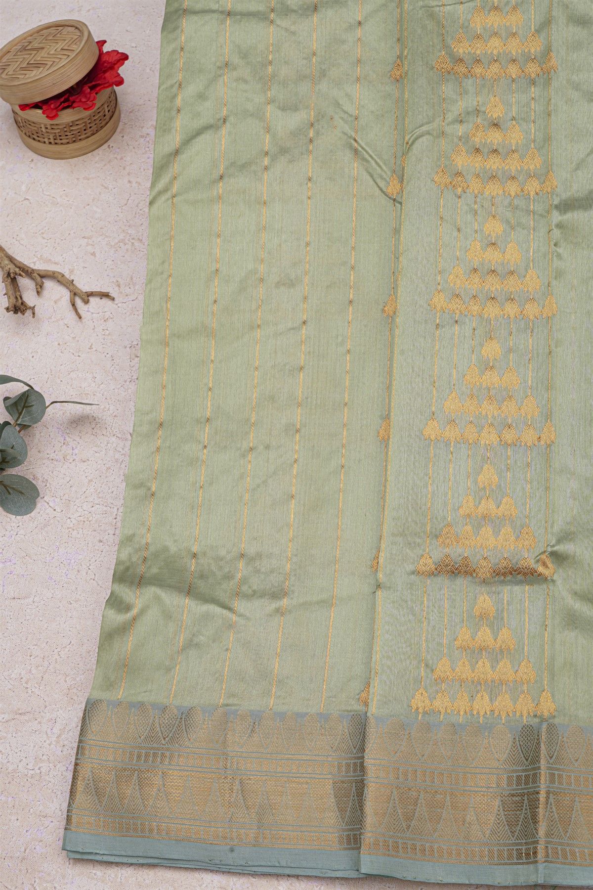 Chanderi Silk Mint Green Saree With Zig-Zag Lines And Florals Border