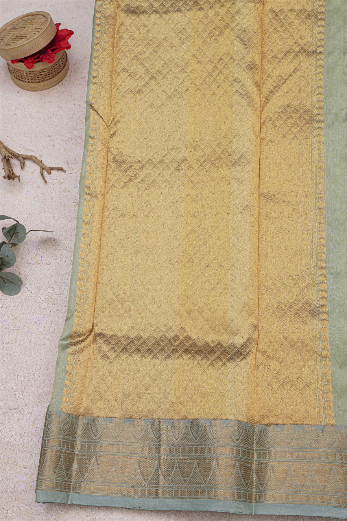 Chanderi Silk Mint Green Saree With Zig-Zag Lines And Florals Border