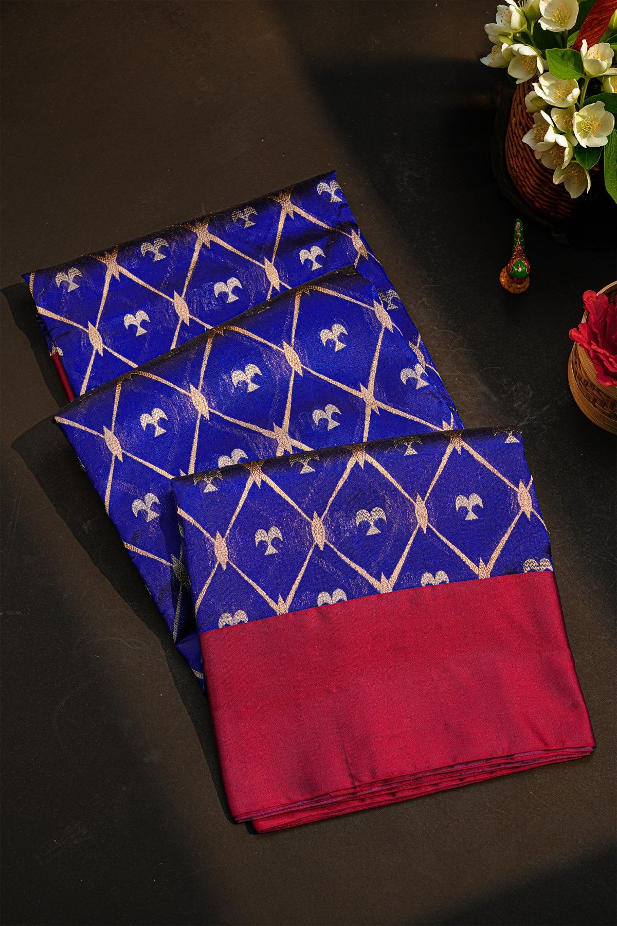 Chanderi Silk Royal Blue Saree With Floral Buttis Body