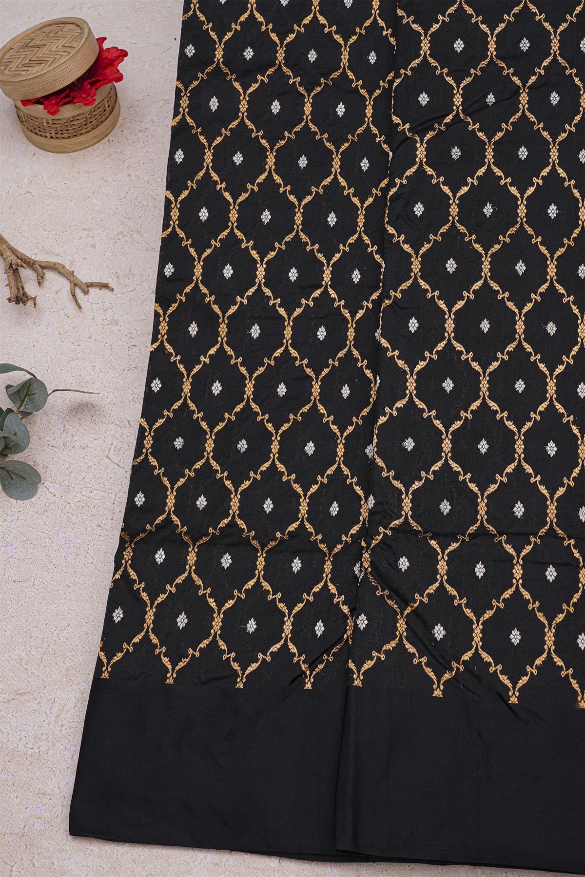 Chanderi Silk Black Saree With Florals In Cross Checks Body