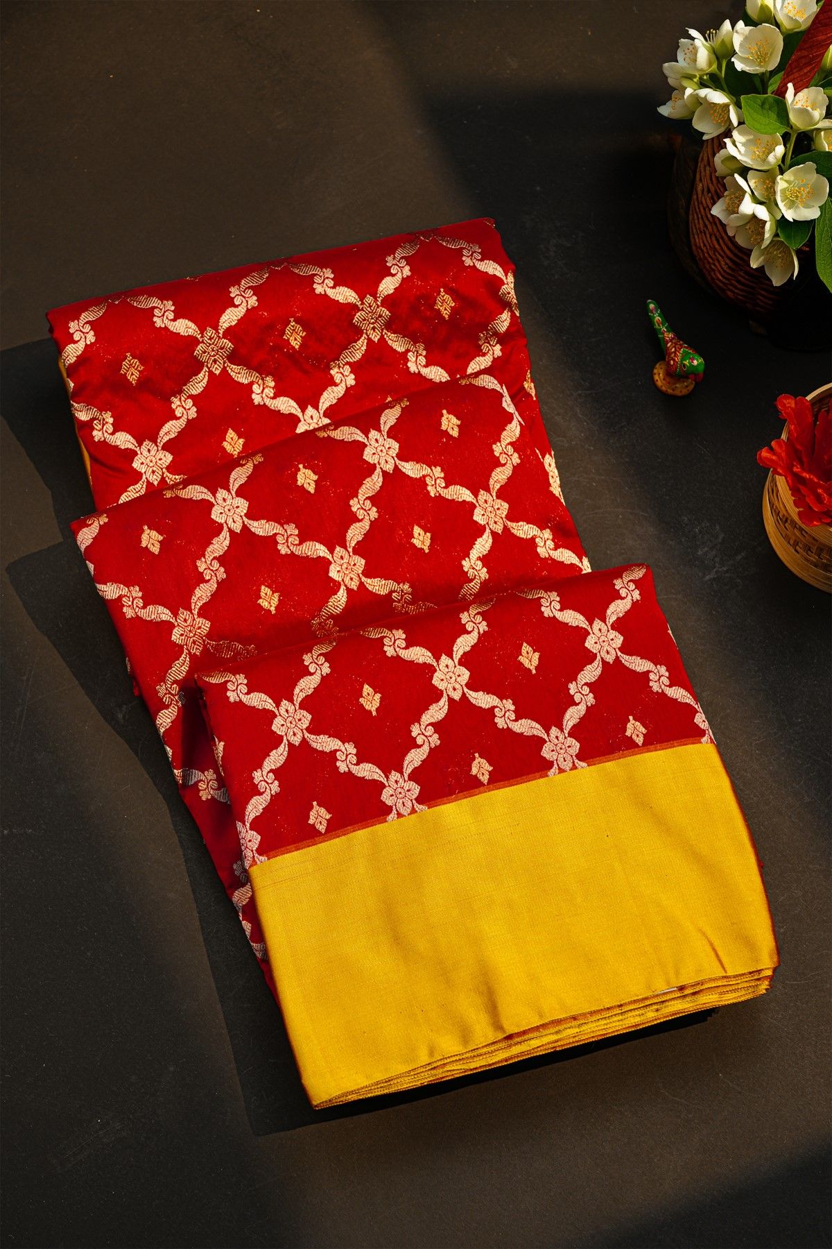 Chanderi Silk Red Saree With Floral Jaal Body