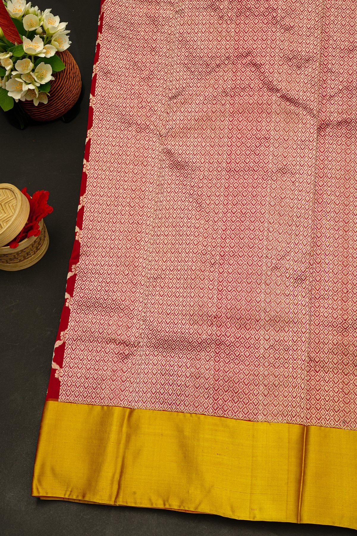 Chanderi Silk Red Saree With Floral Jaal Body