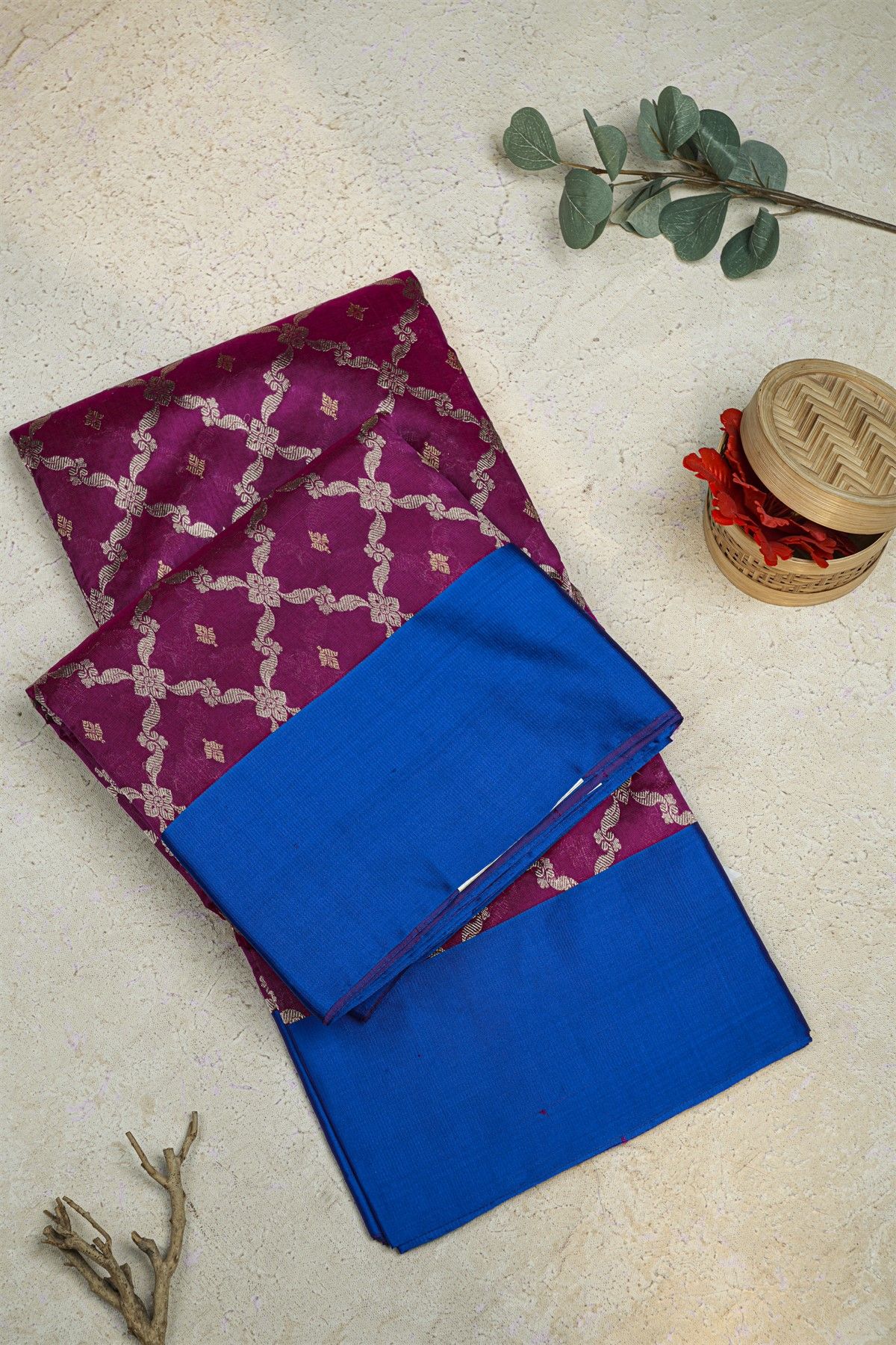 Chanderi Silk Magenta Saree With Florals In Cross Checks Body