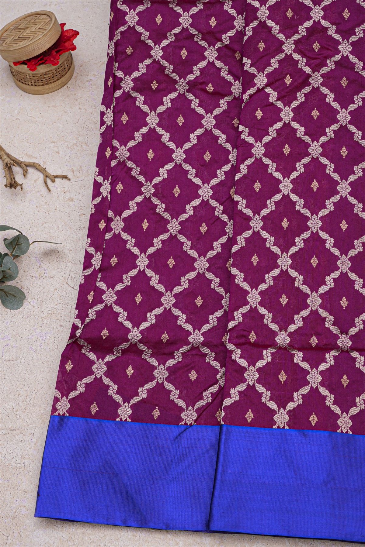 Chanderi Silk Magenta Saree With Florals In Cross Checks Body