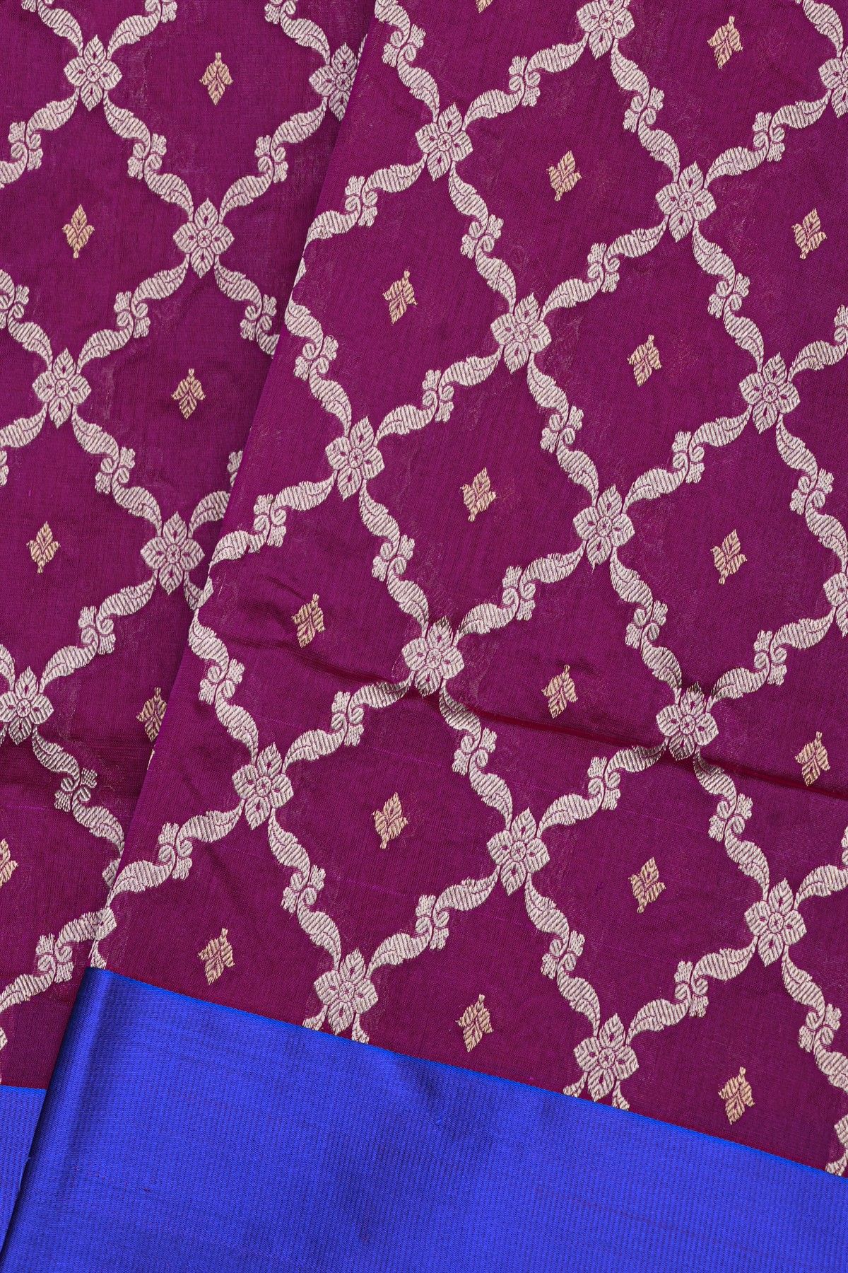 Chanderi Silk Magenta Saree With Florals In Cross Checks Body