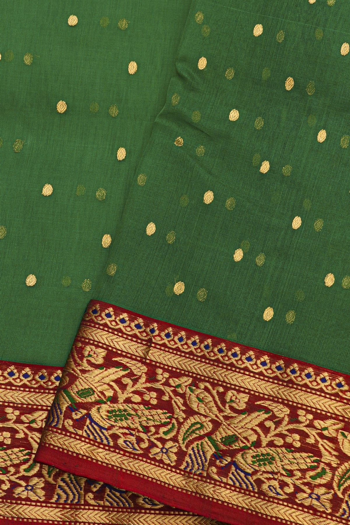 Chanderi Silk Bottle Green Saree With Floral And Leaf Jaal Border