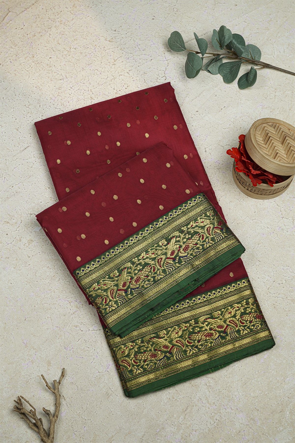 Chanderi Silk Maroon Saree With Florals And Leaves Jaal Border