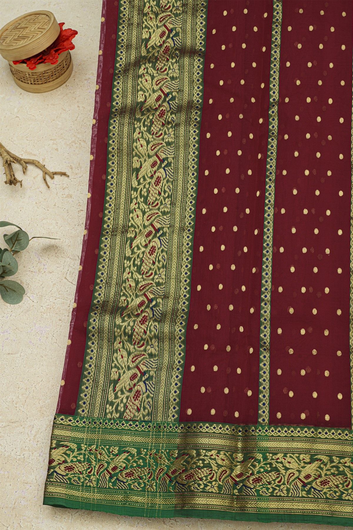 Chanderi Silk Maroon Saree With Florals And Leaves Jaal Border