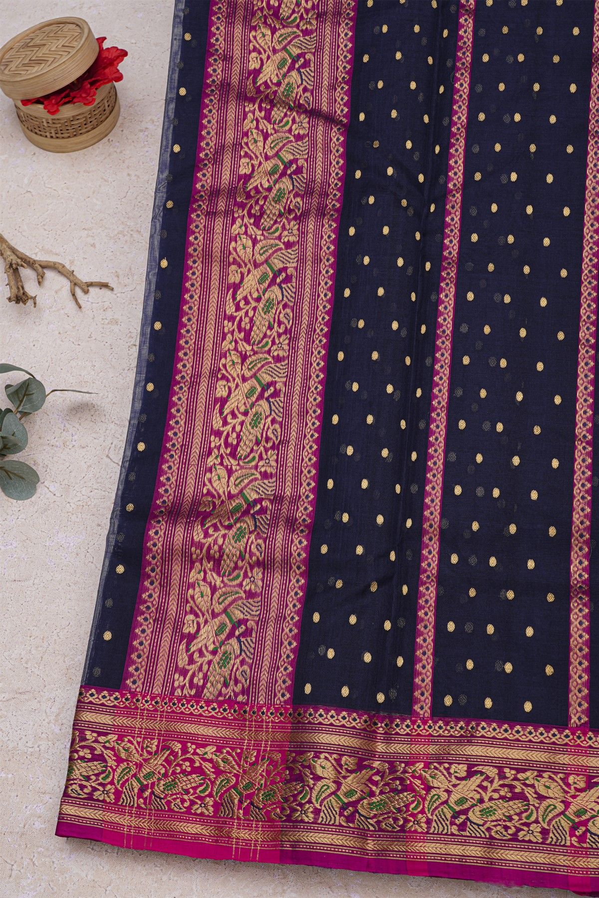 Chanderi Silk Navy Blue Saree With Florals And Leaves In Zari Border