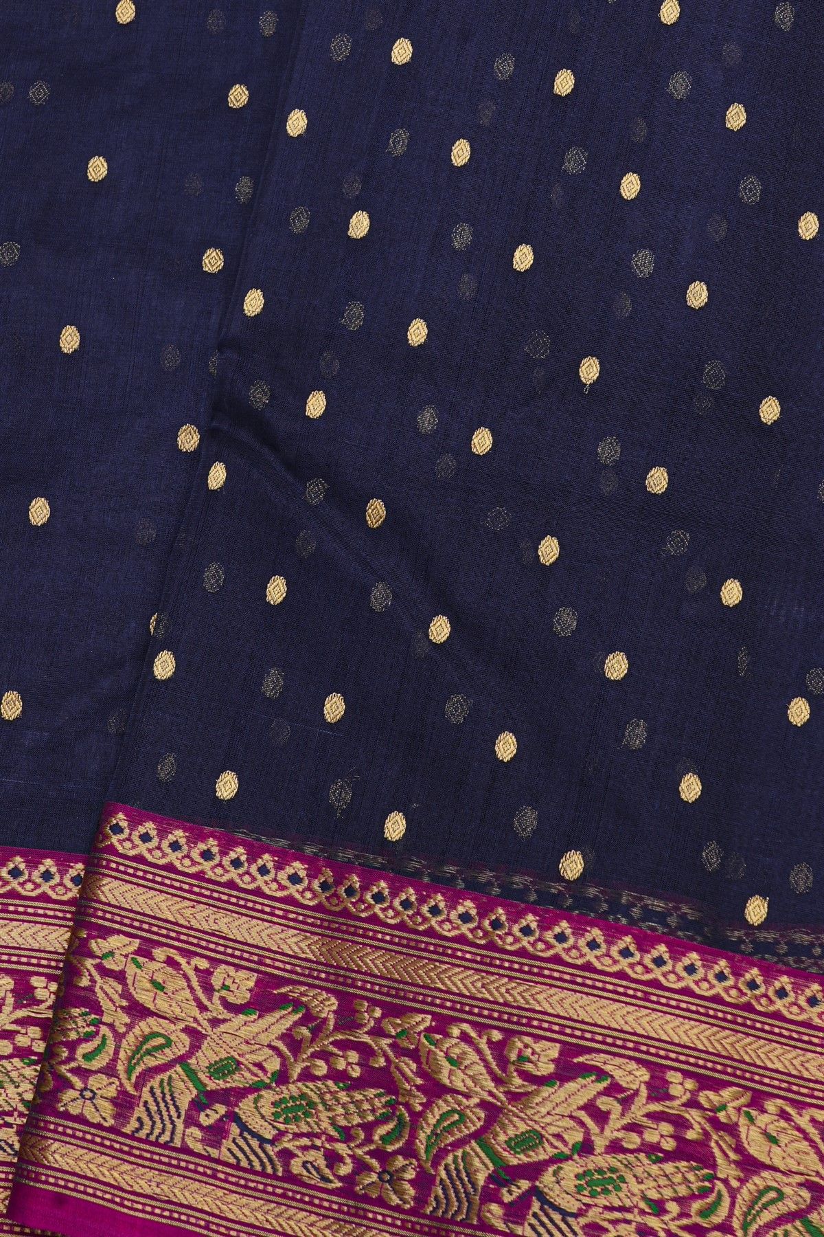 Chanderi Silk Navy Blue Saree With Florals And Leaves In Zari Border