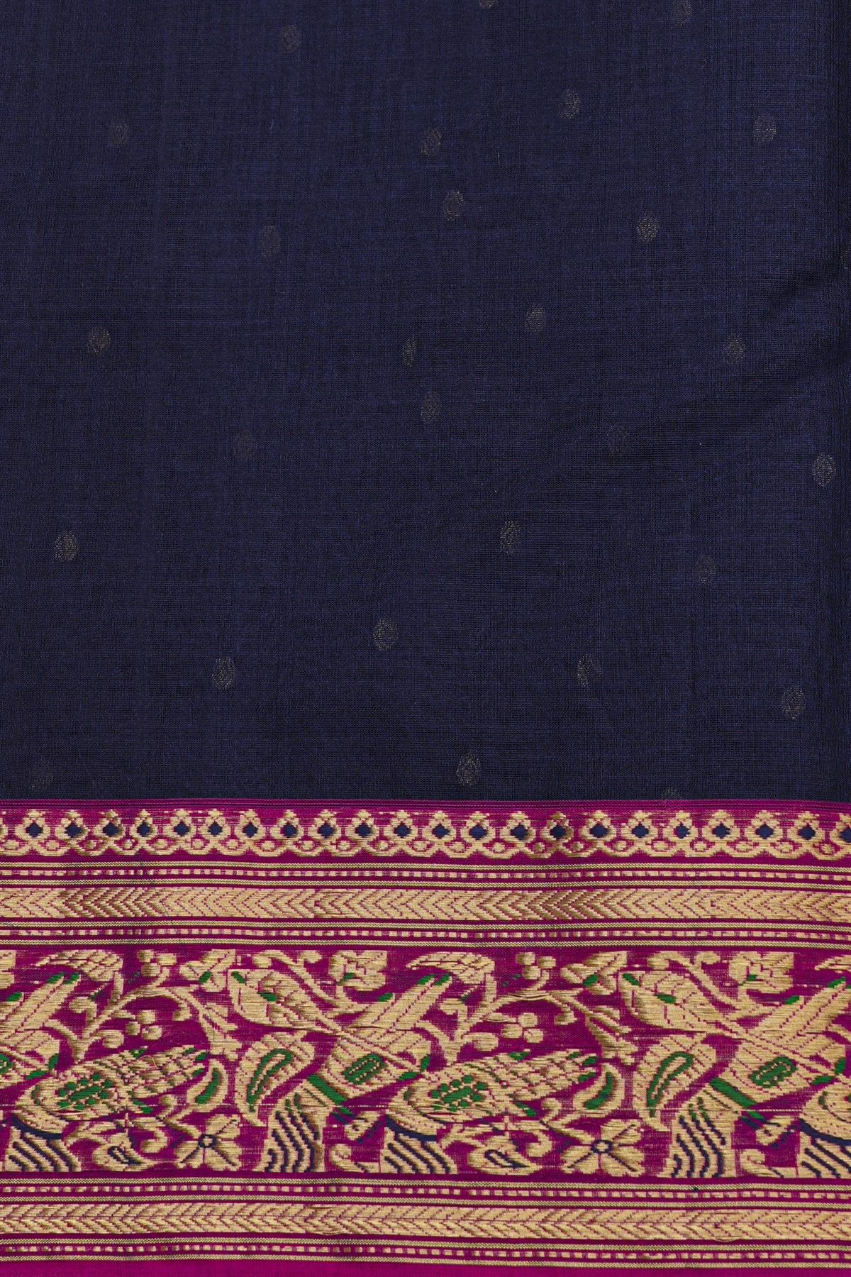 Chanderi Silk Navy Blue Saree With Florals And Leaves In Zari Border
