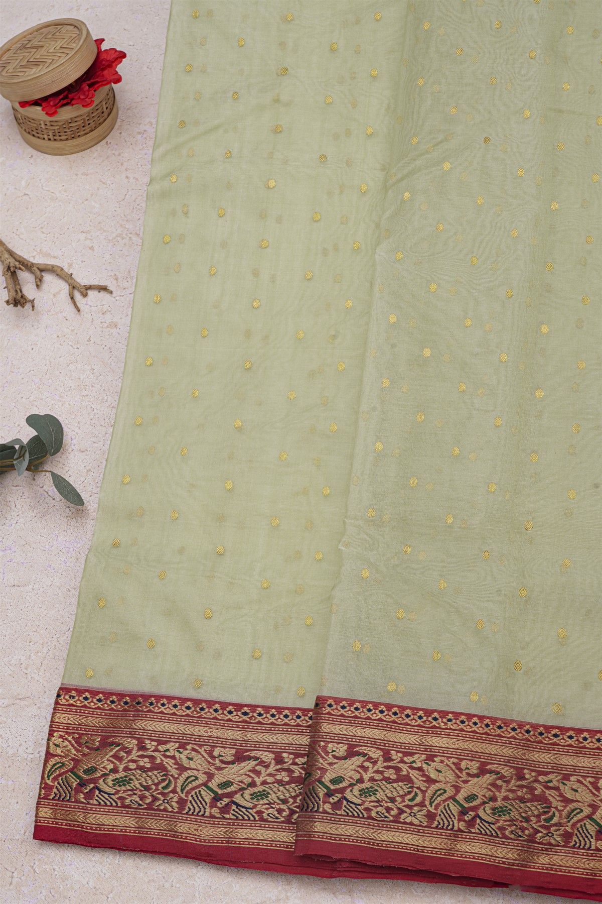 Chanderi Silk Pista Green Saree With Florals And Leaves Jaal Border