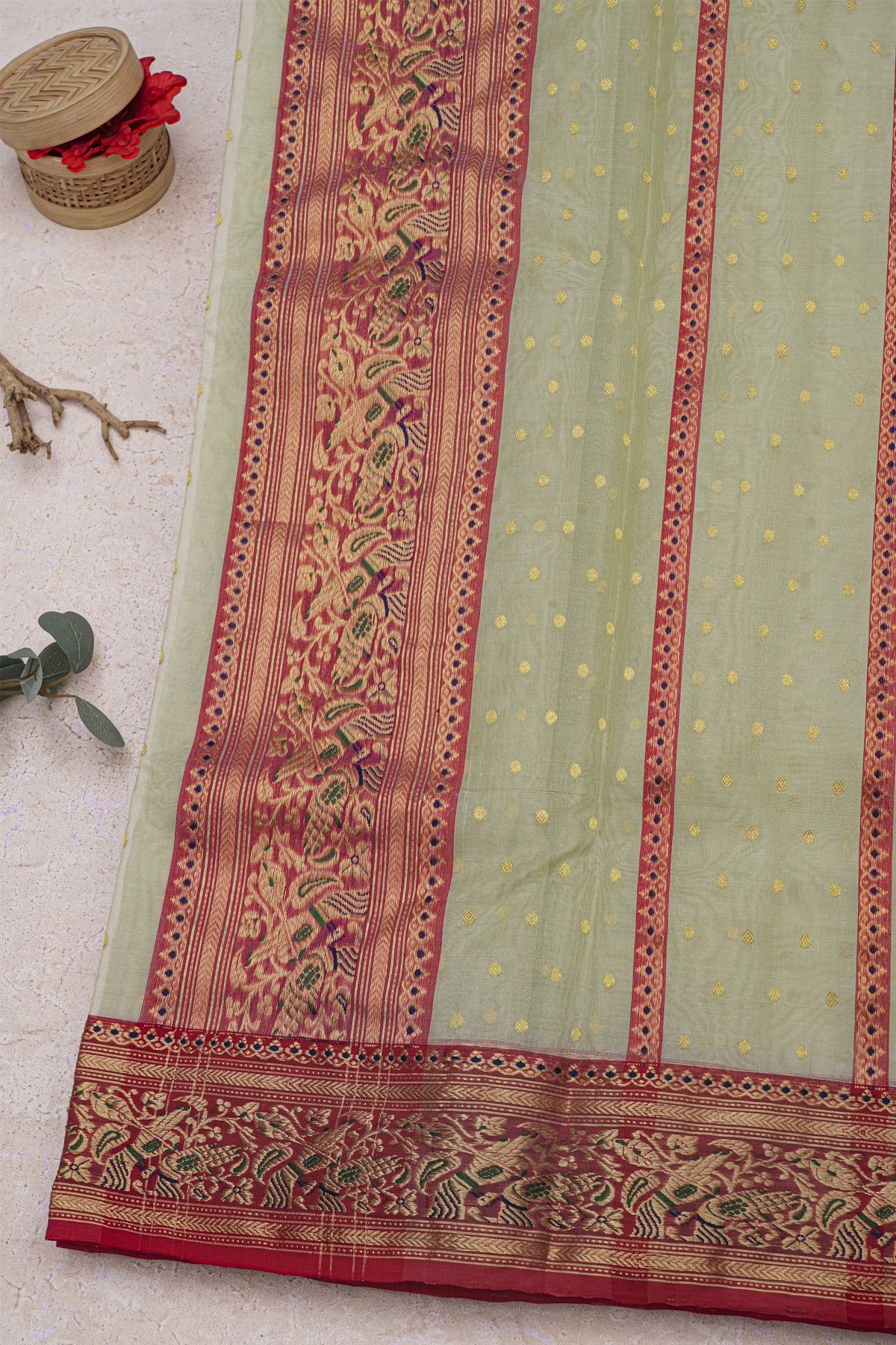 Chanderi Silk Pista Green Saree With Florals And Leaves Jaal Border
