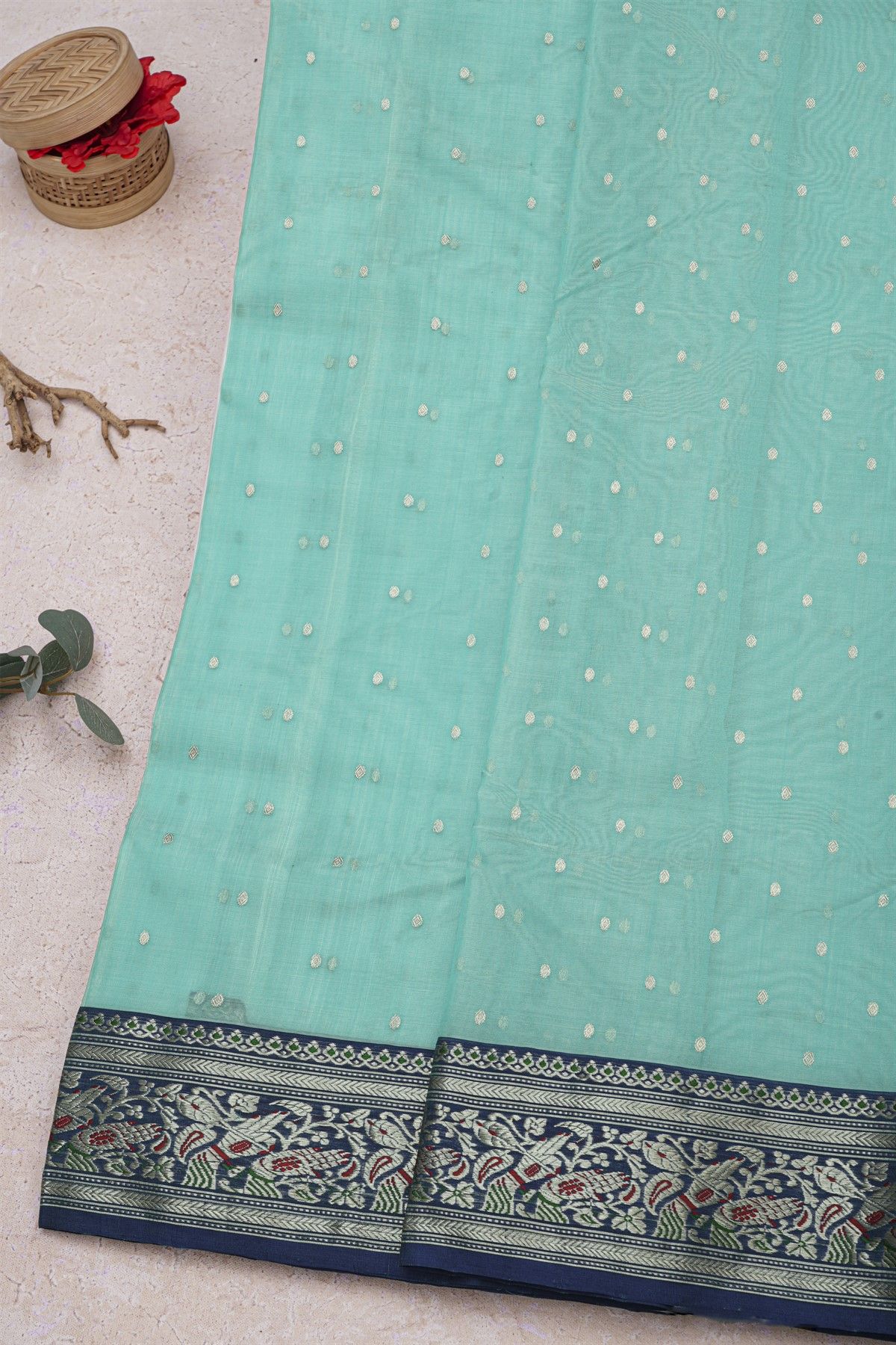 Chanderi Silk Ice Blue Saree With Florals And Leaves Jaal Border