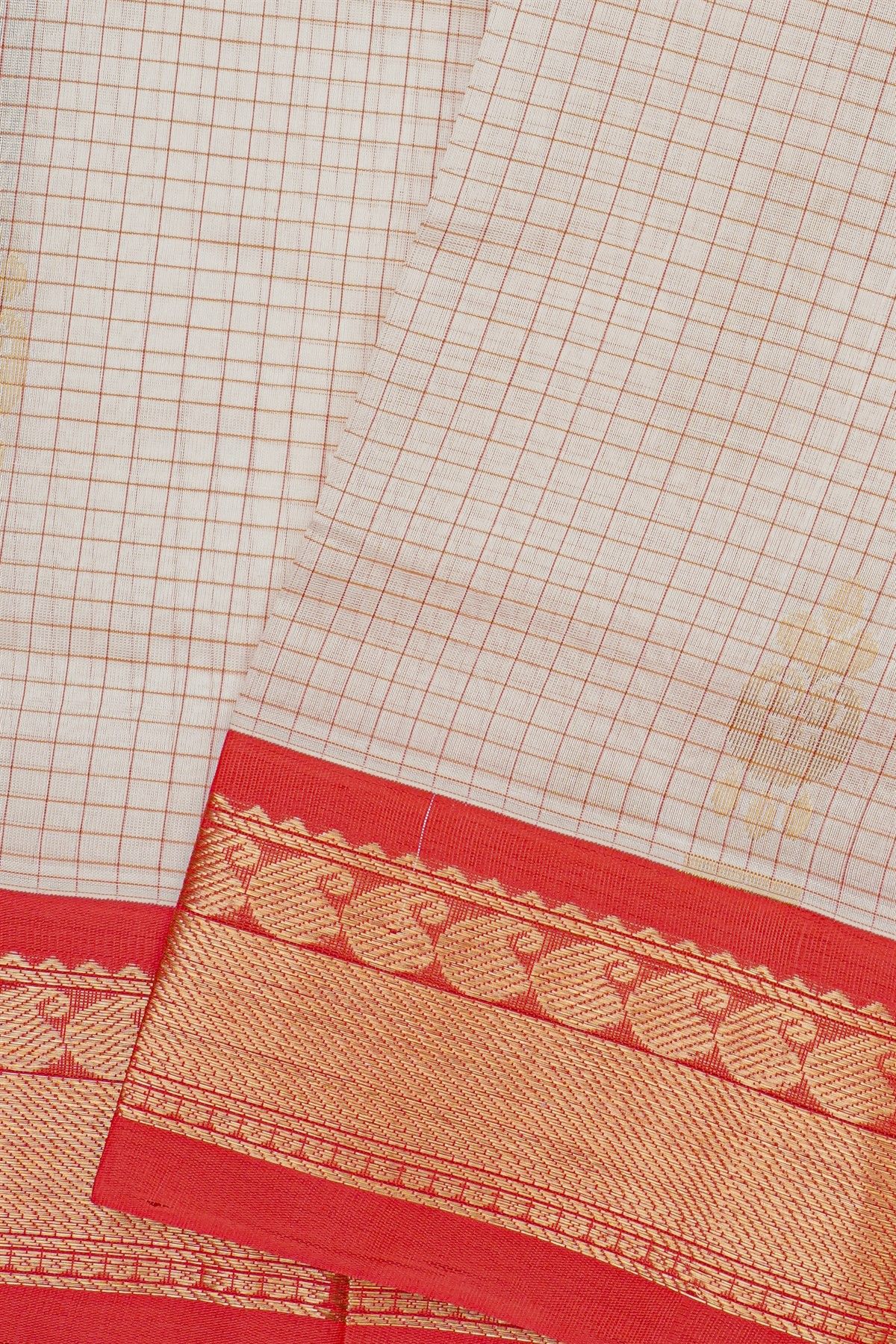 Kuppadam Sico Off White Saree With Cross Lines In Zari Paisley Border