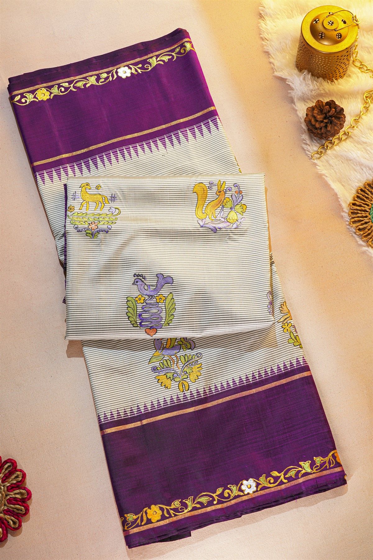 Kancheepuram Silk Off White Saree With Tanjore Hand-Painted Florals And Animals Body