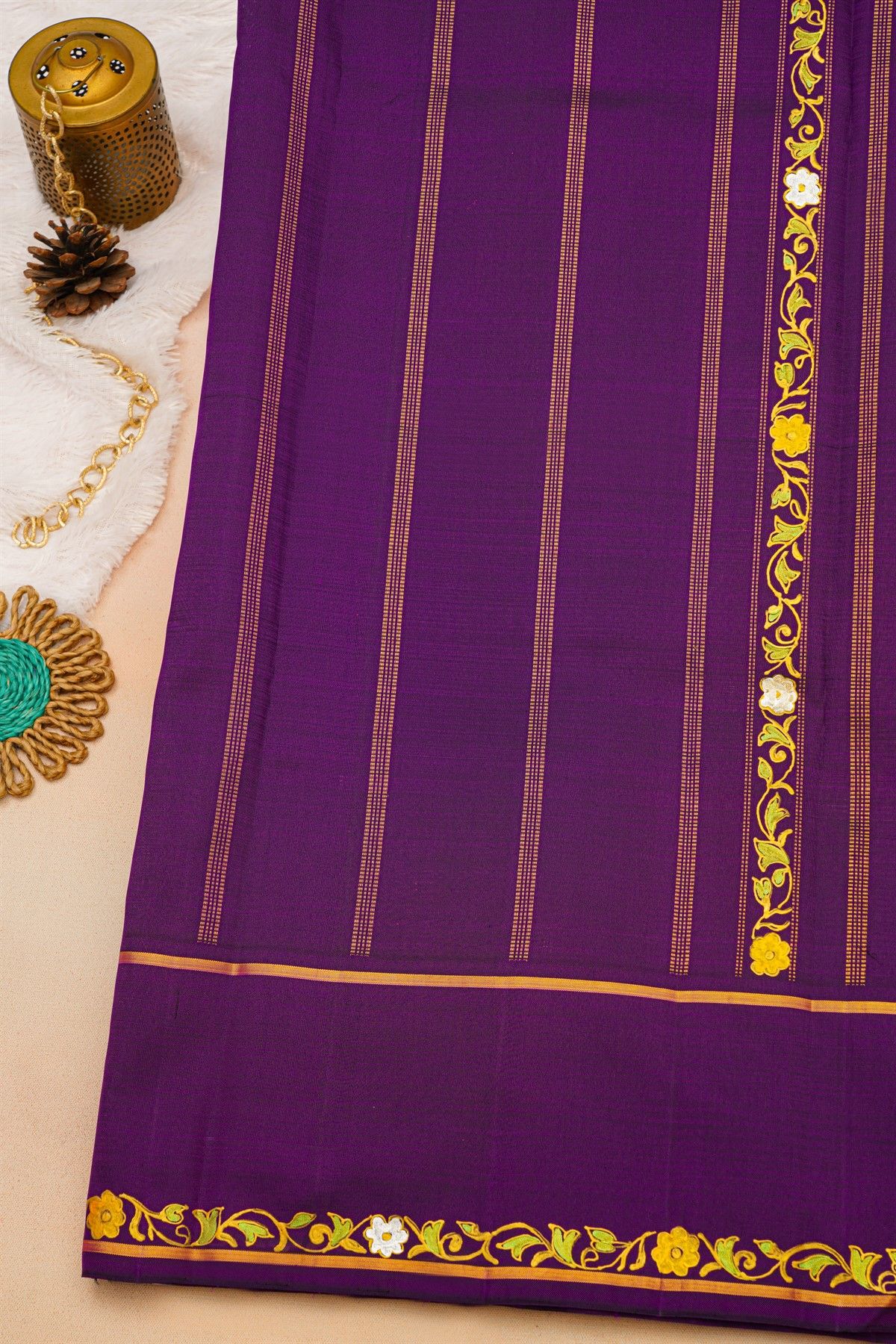 Kancheepuram Silk Off White Saree With Tanjore Hand-Painted Florals And Animals Body