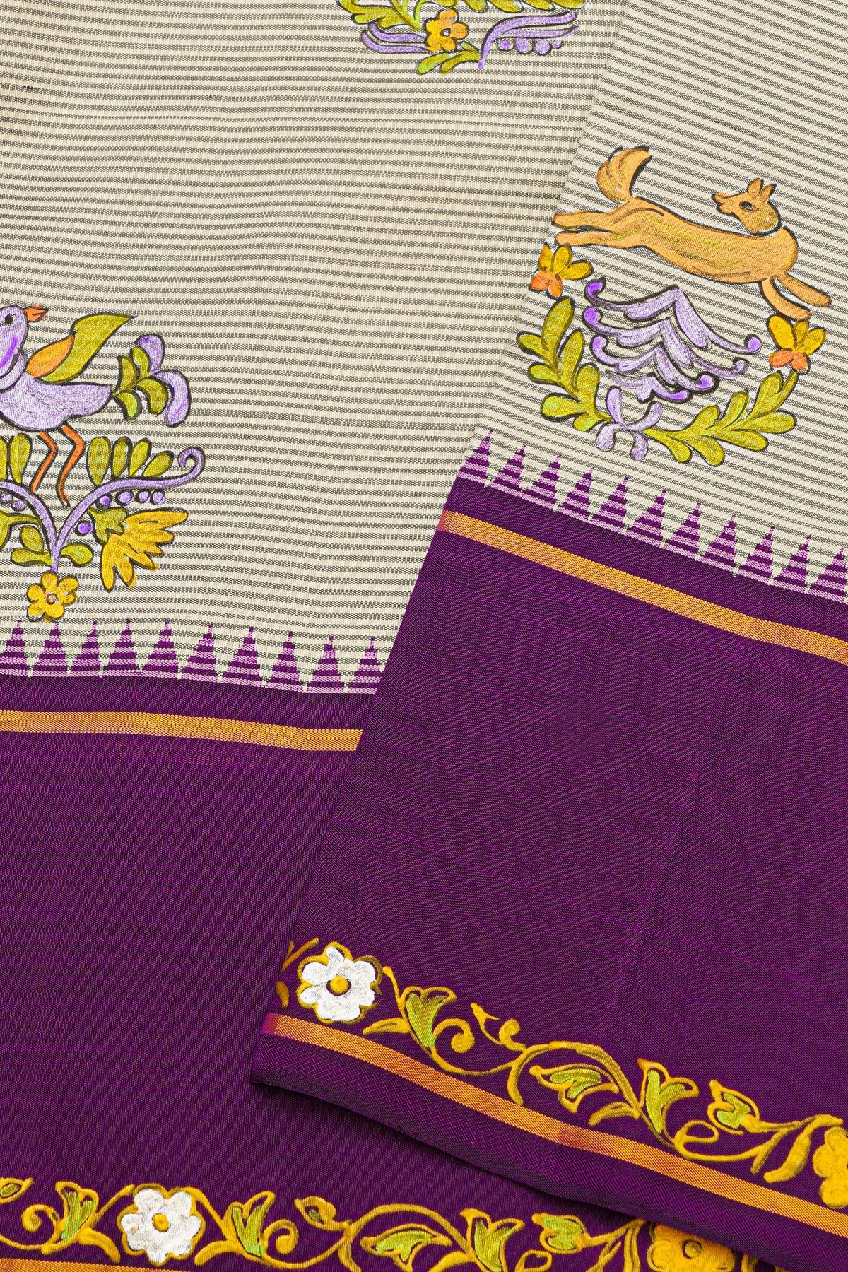 Kancheepuram Silk Off White Saree With Tanjore Hand-Painted Florals And Animals Body