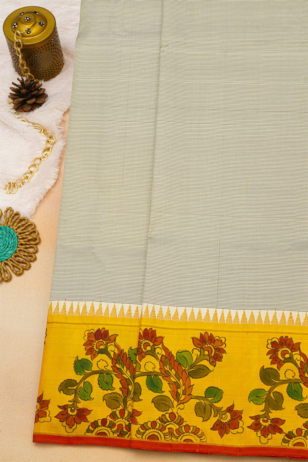 Kancheepuram Silk Off White Saree With Tanjore Hand-Painted Florals Border