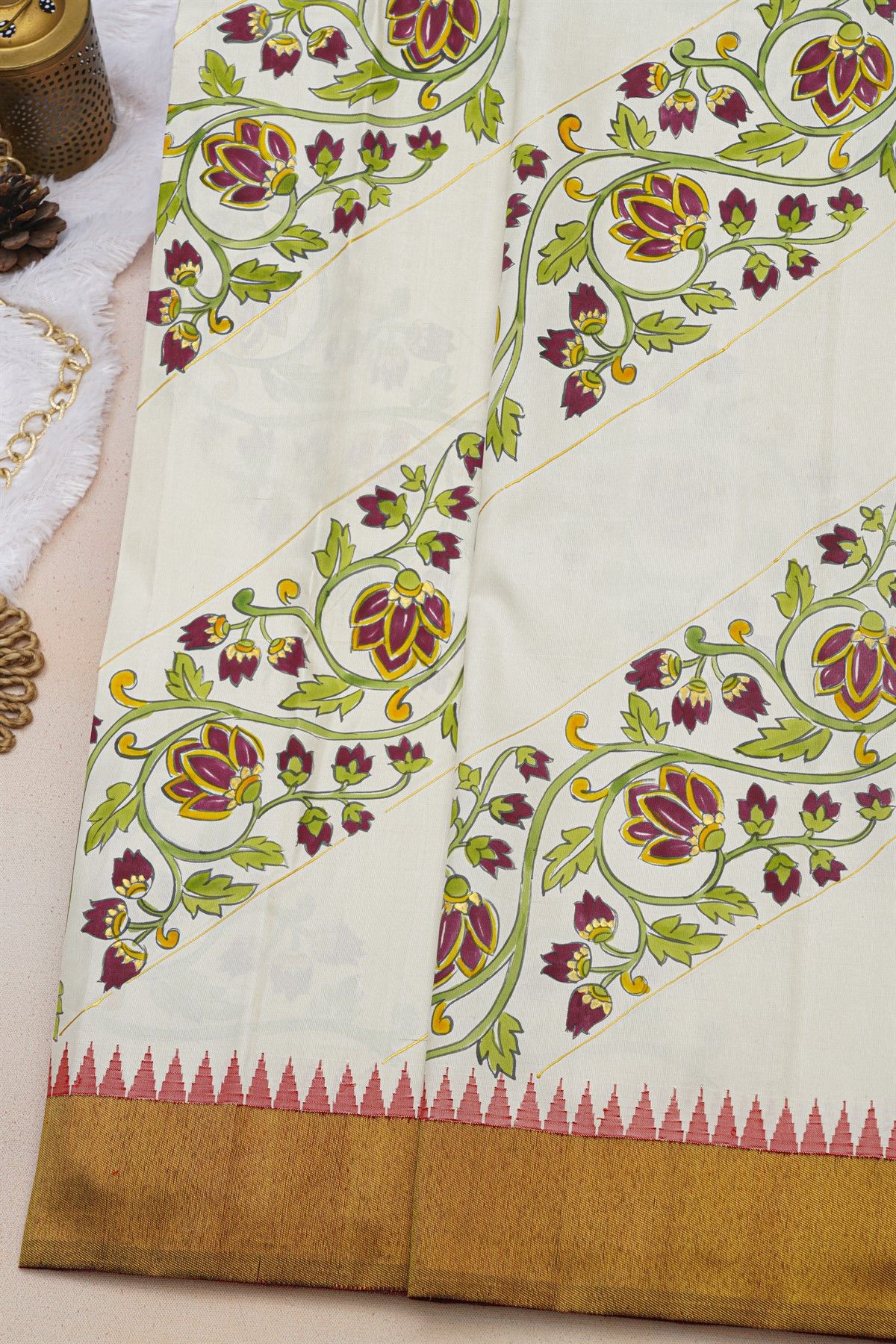 Gadwal Silk Off White Saree With Tanjore Hand-Painted Florals Body