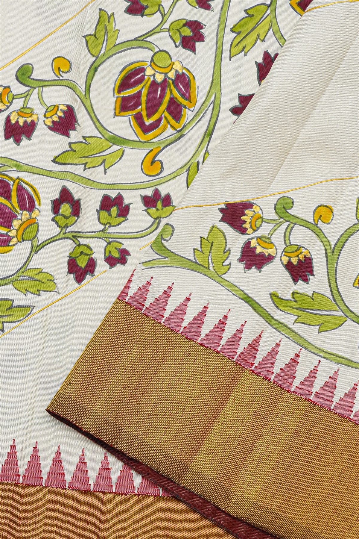 Gadwal Silk Off White Saree With Tanjore Hand-Painted Florals Body