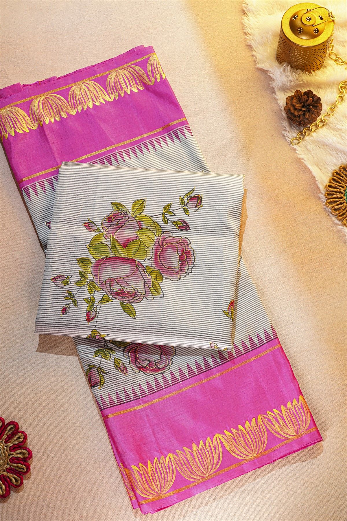 Gadwal Silk Off White Saree With Tanjore Hand-Painted Florals Border