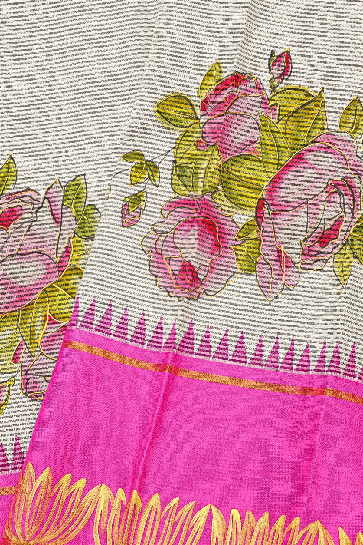 Gadwal Silk Off White Saree With Tanjore Hand-Painted Florals Border