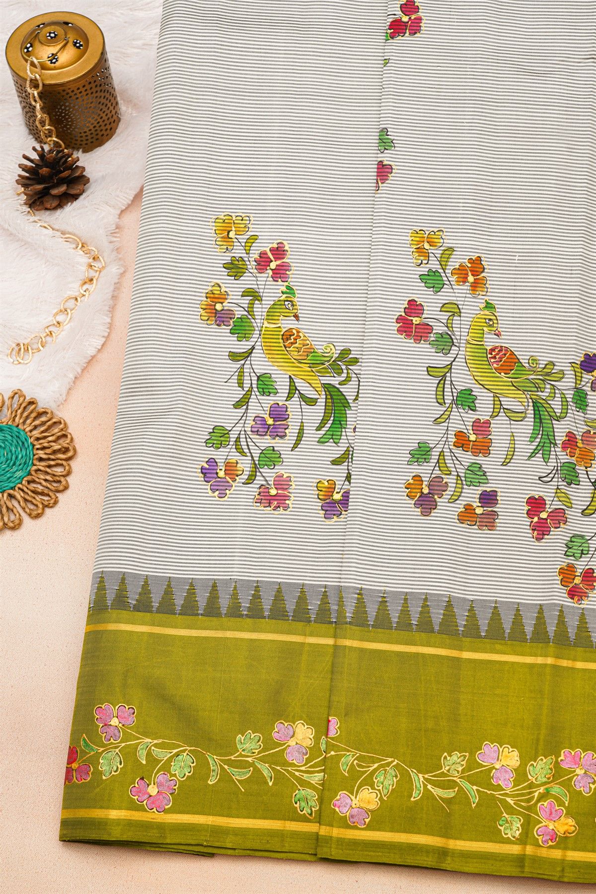 Gadwal Silk Off White Saree With Tanjore Hand-Painted Florals And Peacocks Body