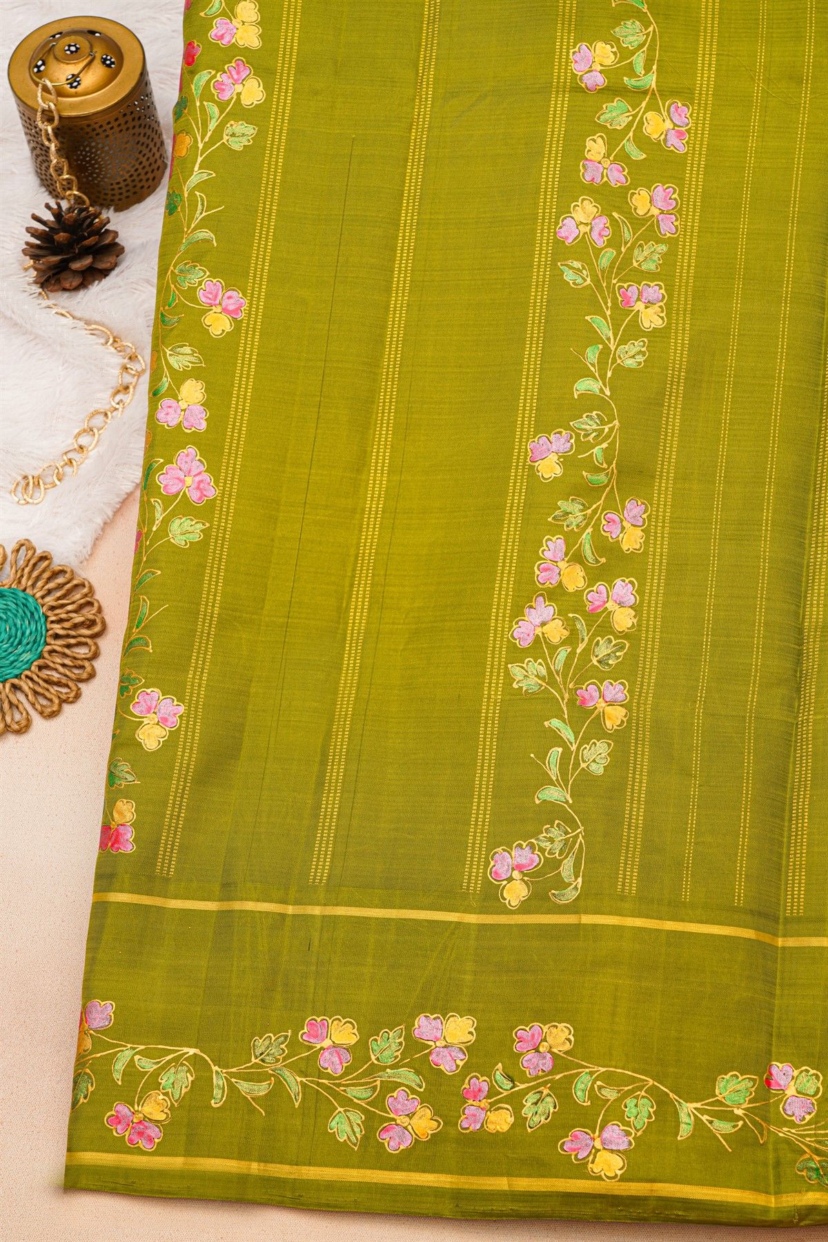 Gadwal Silk Off White Saree With Tanjore Hand-Painted Florals And Peacocks Body