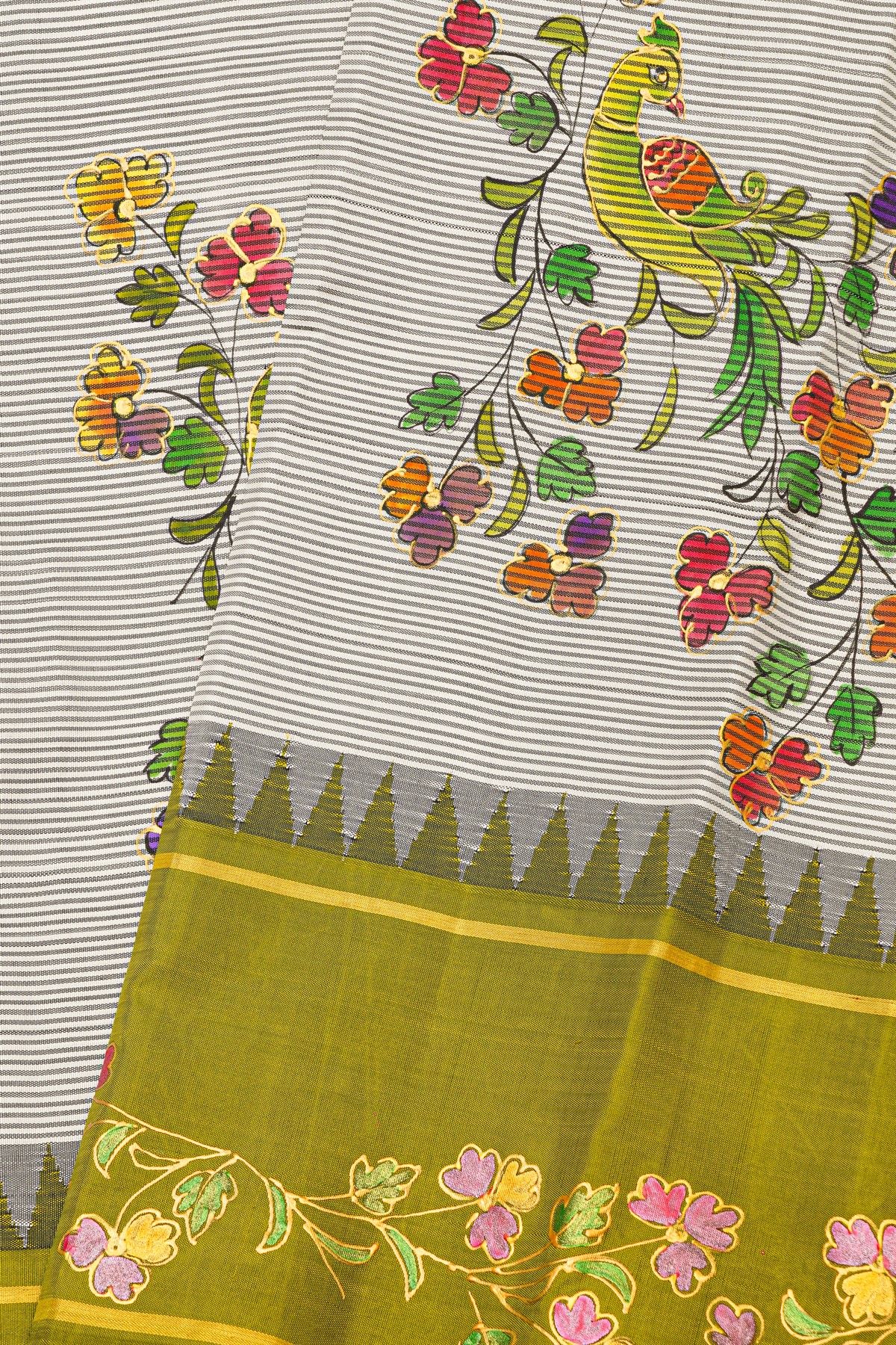 Gadwal Silk Off White Saree With Tanjore Hand-Painted Florals And Peacocks Body
