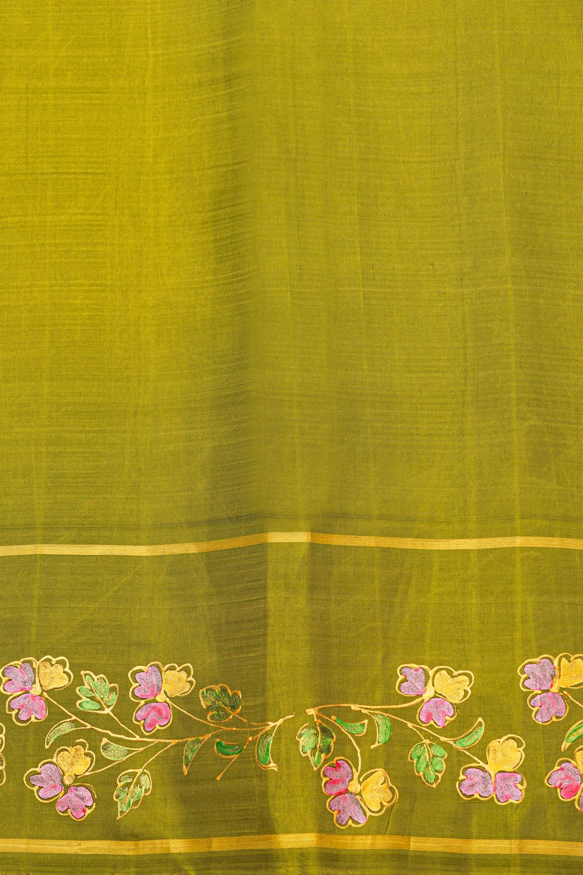Gadwal Silk Off White Saree With Tanjore Hand-Painted Florals And Peacocks Body