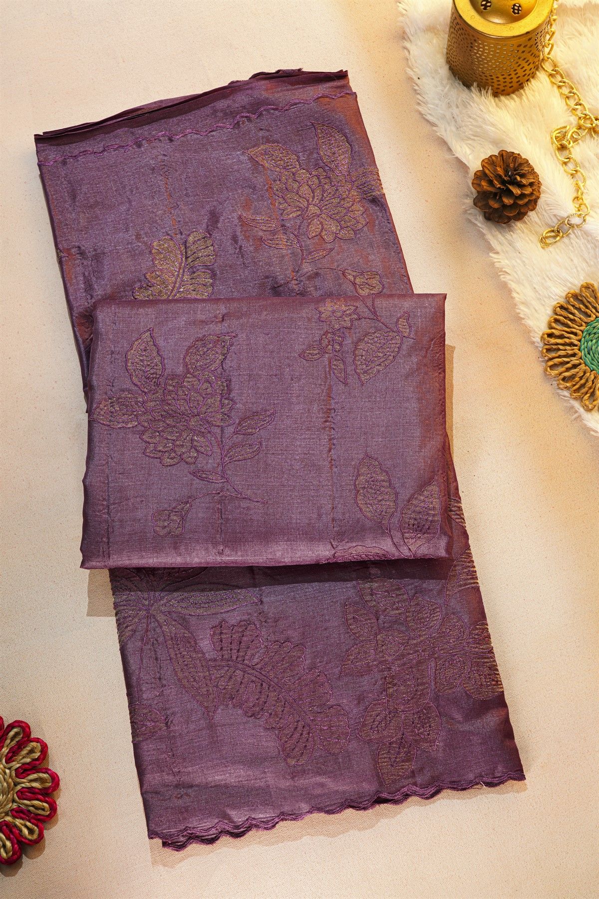 Fancy Tussar Dark Purple Saree With Florals And Leaves Body