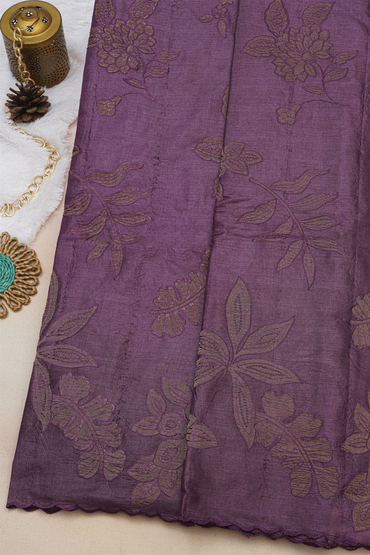Fancy Tussar Dark Purple Saree With Florals And Leaves Body