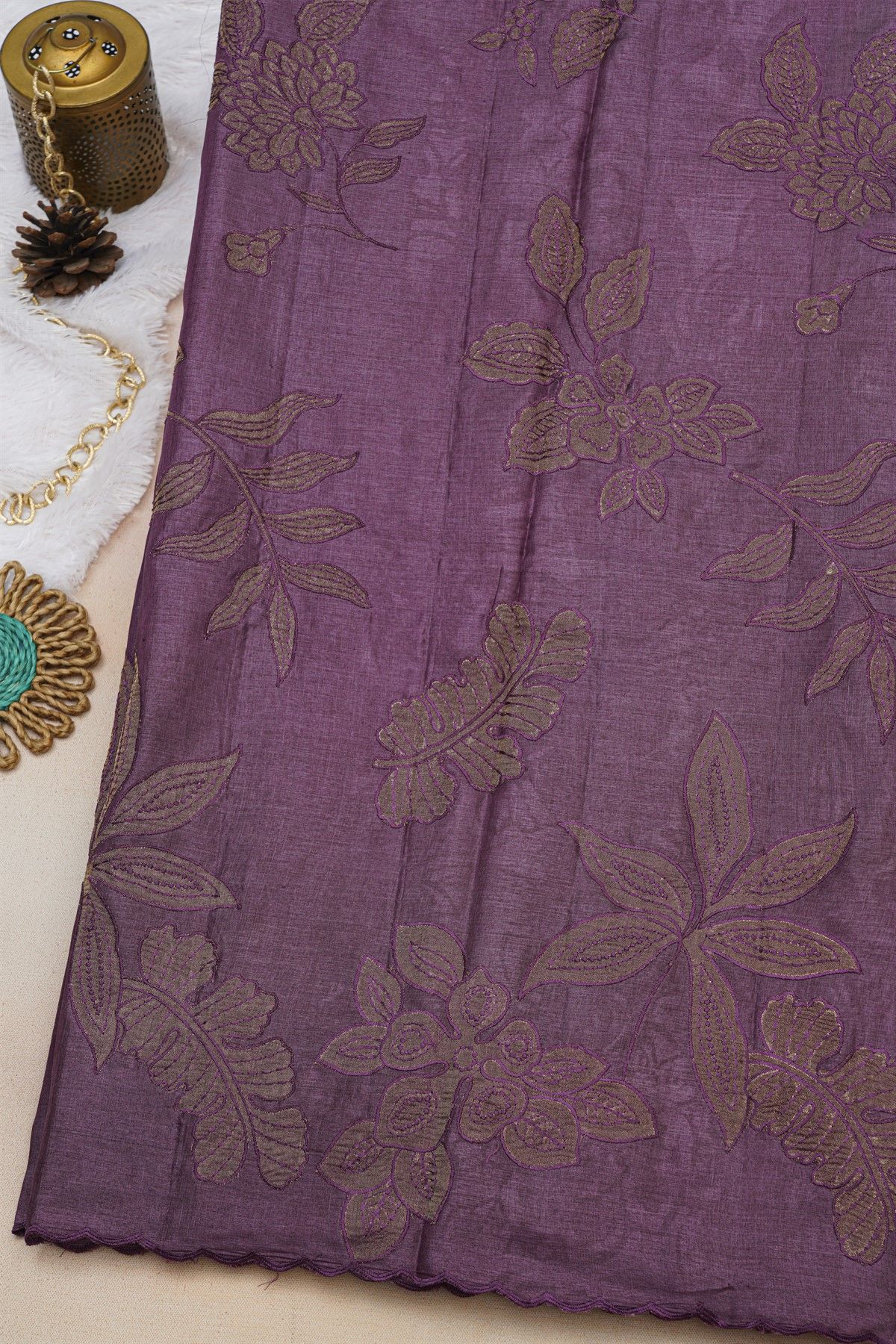 Fancy Tussar Dark Purple Saree With Florals And Leaves Body