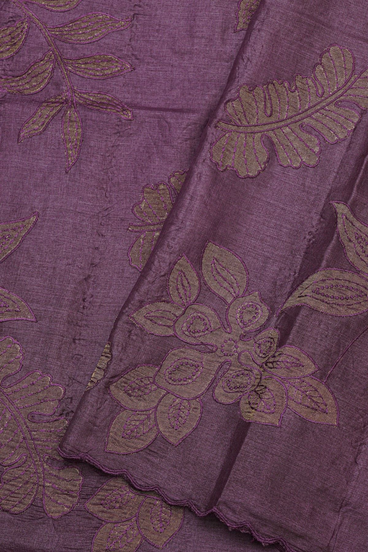 Fancy Tussar Dark Purple Saree With Florals And Leaves Body