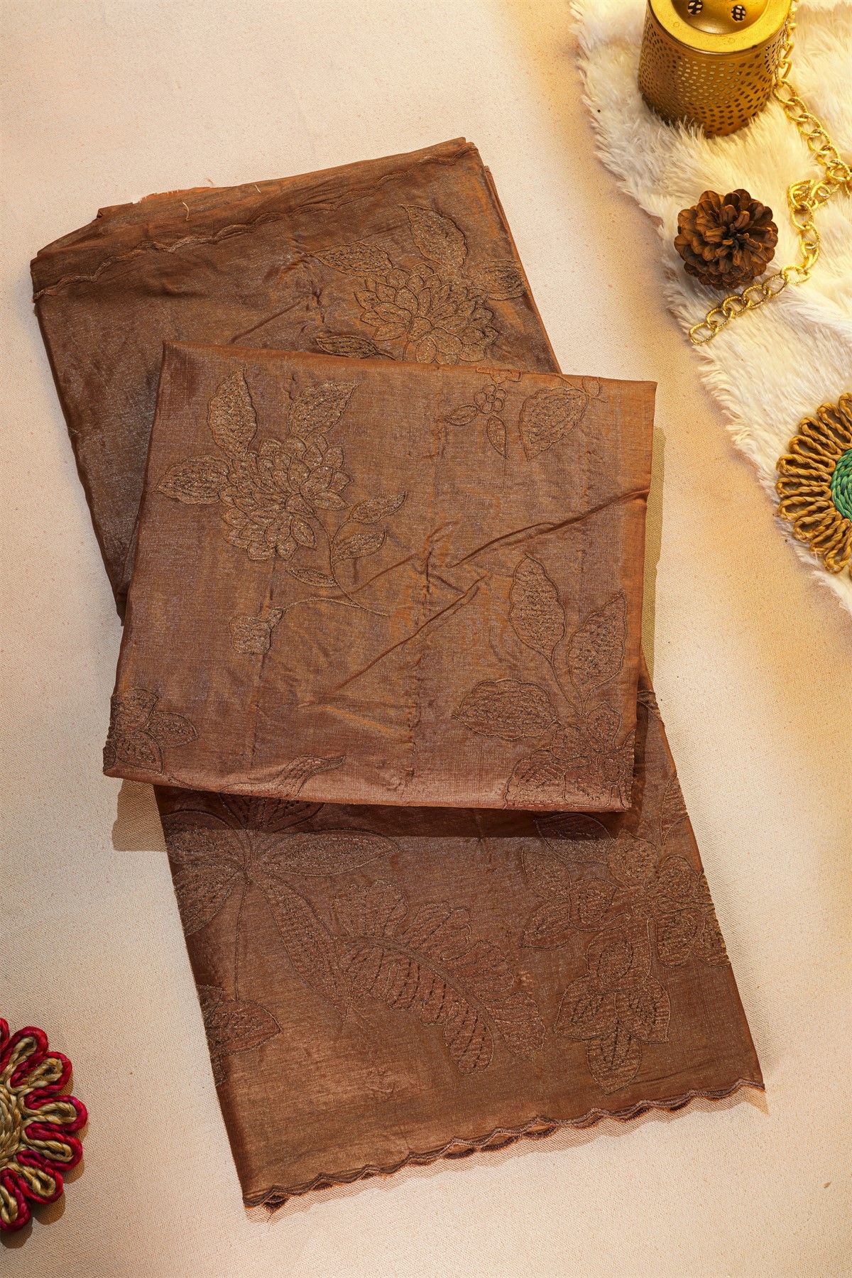 Fancy Tussar Rust Saree With Florals And Leaves Body