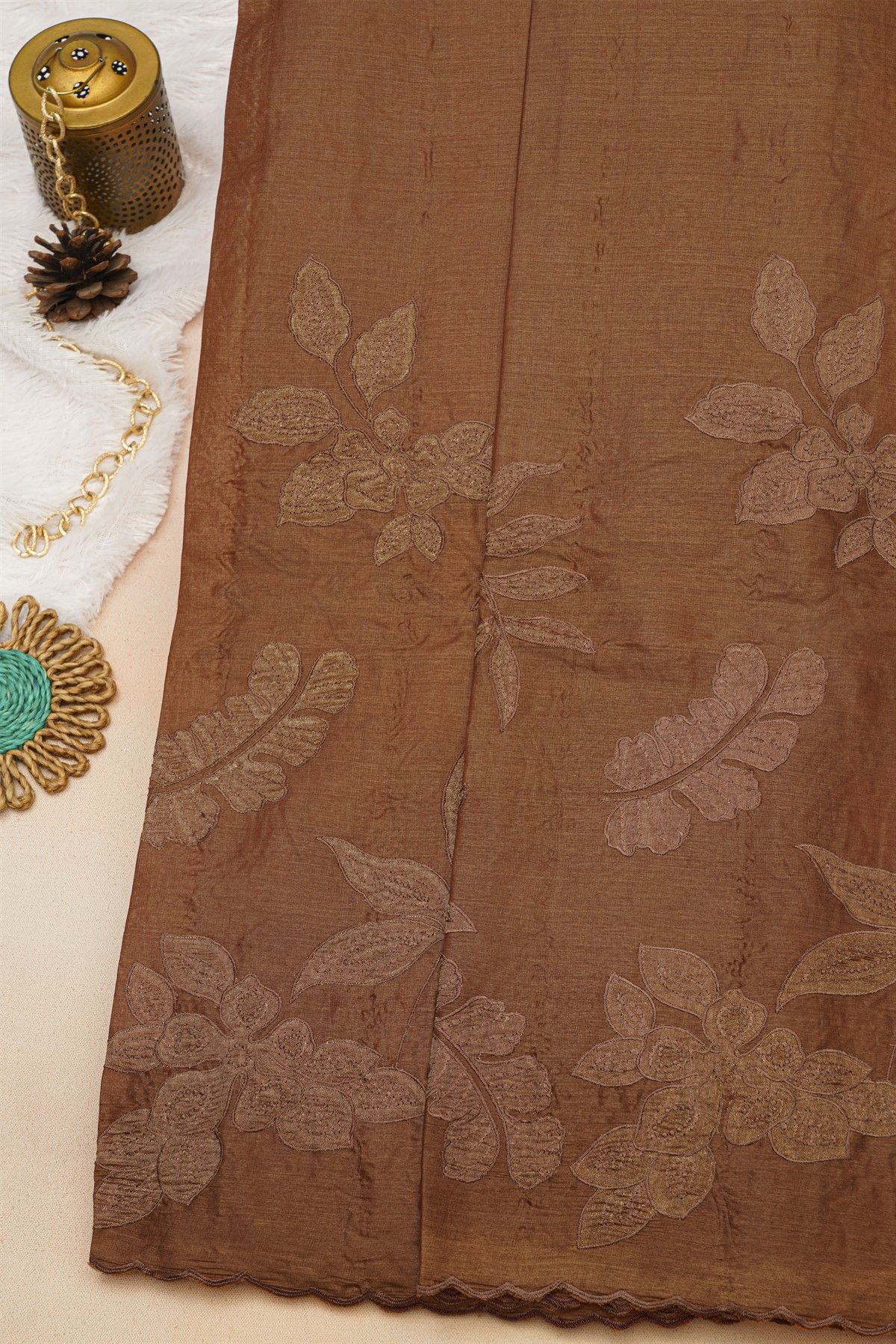 Fancy Tussar Rust Saree With Florals And Leaves Body