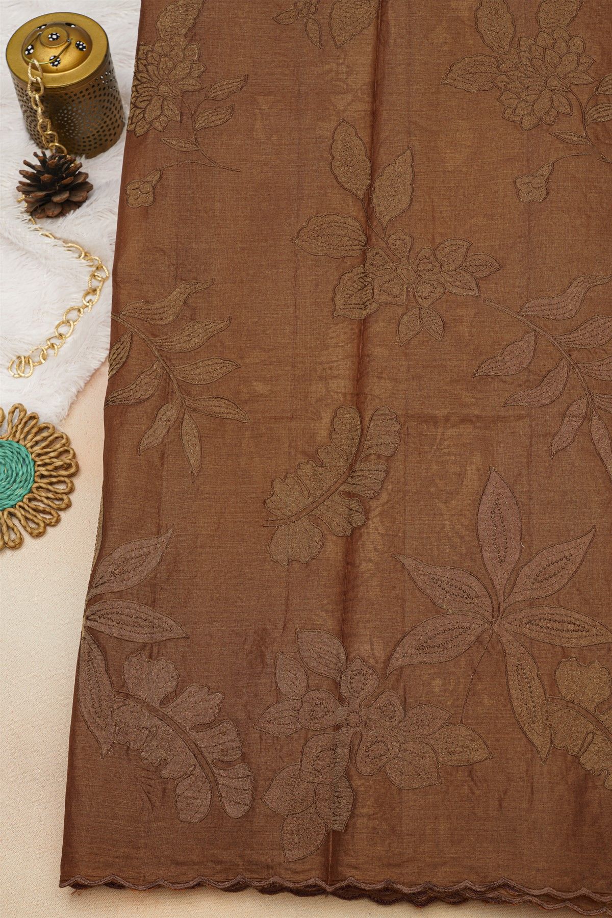 Fancy Tussar Rust Saree With Florals And Leaves Body