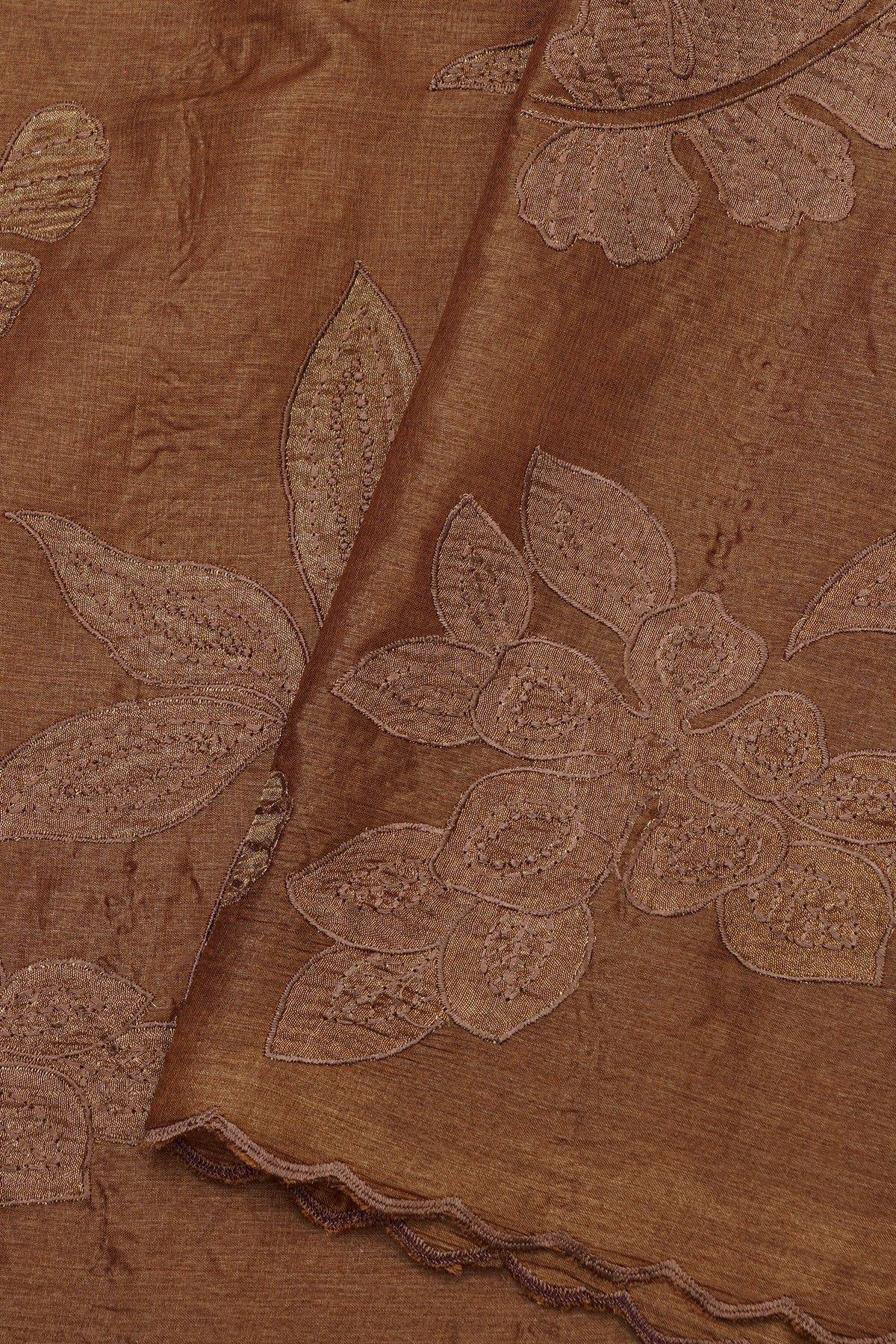 Fancy Tussar Rust Saree With Florals And Leaves Body