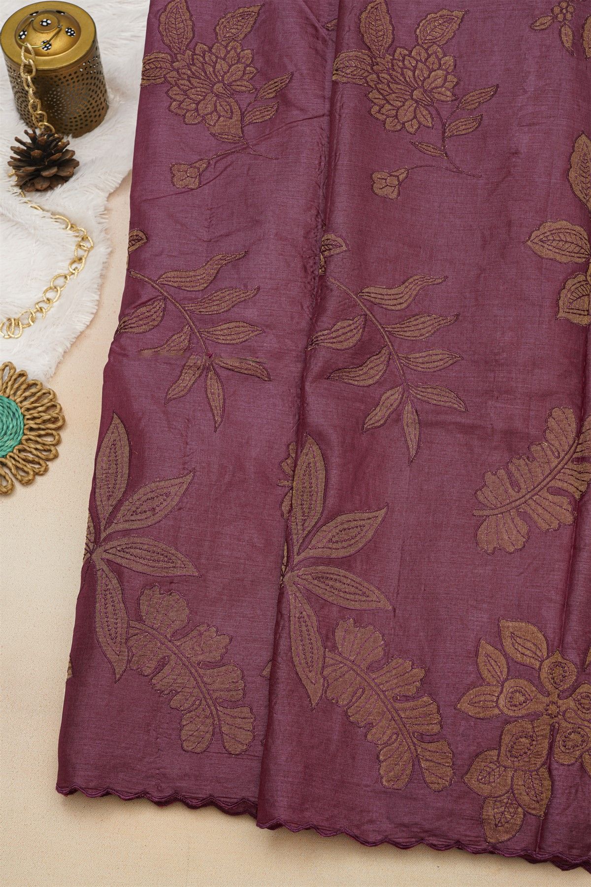Fancy Tussar Dark Mauve Saree With Florals And Leaves In Thread Work Body