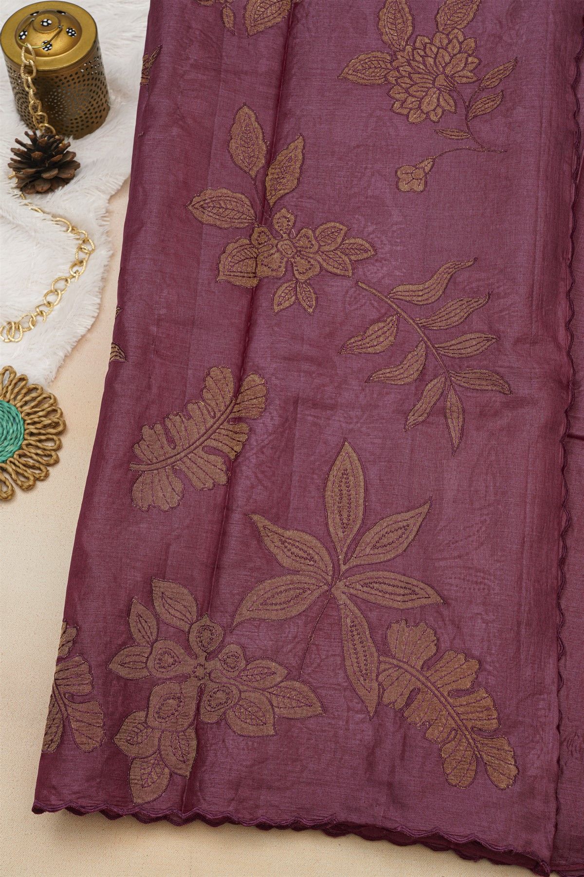 Fancy Tussar Dark Mauve Saree With Florals And Leaves In Thread Work Body