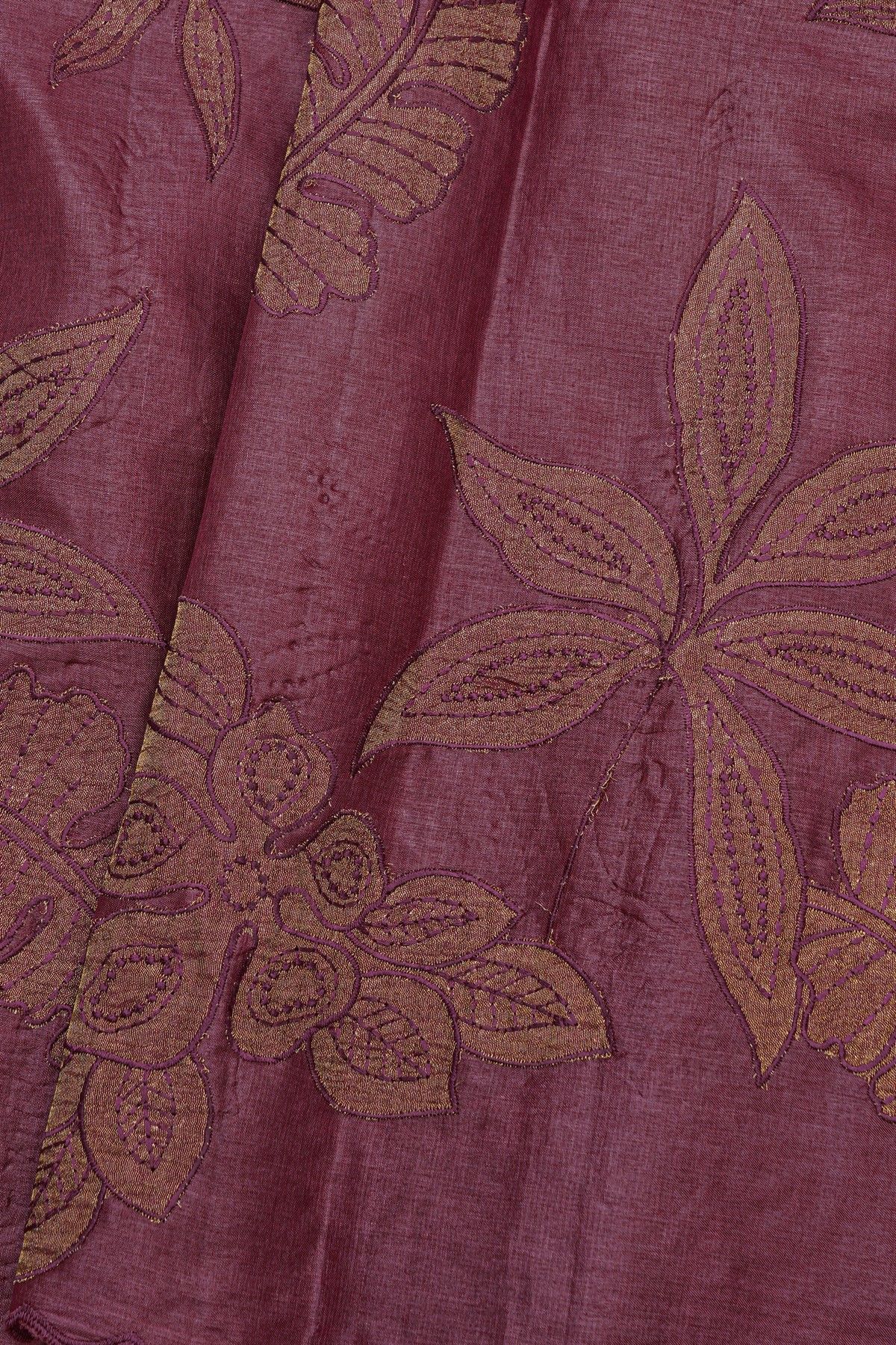 Fancy Tussar Dark Mauve Saree With Florals And Leaves In Thread Work Body